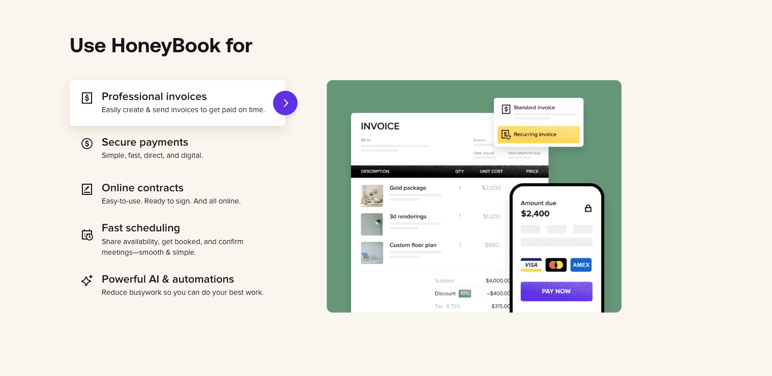 Honeybook uses good visuals elements on its website