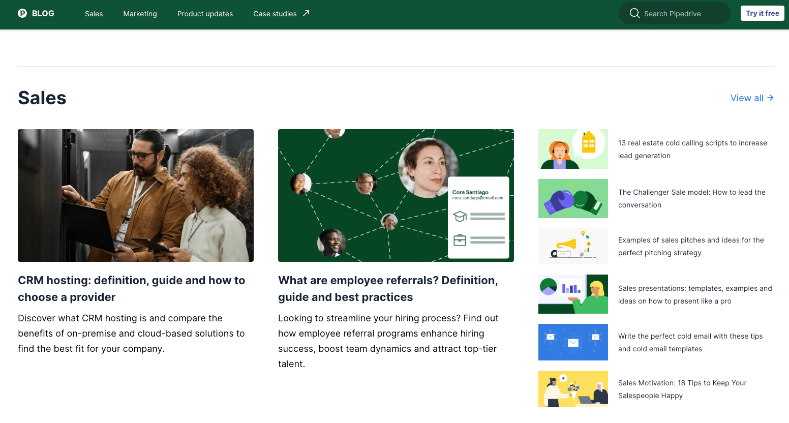 Pipedrive CRM regularly update their website with fresh blog content