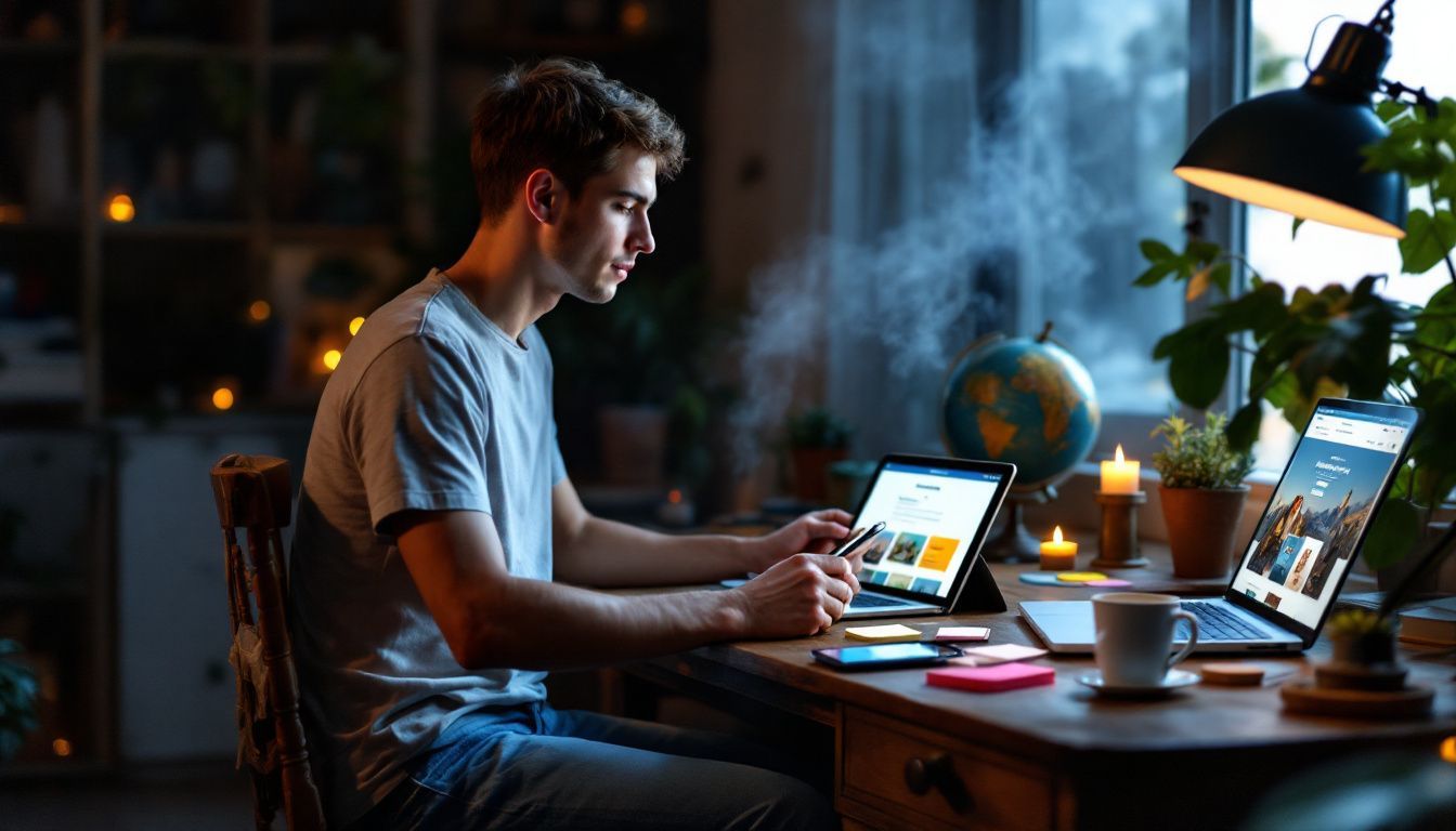 A young adult working on multiple devices at a vintage desk.