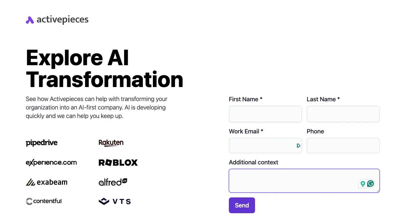 Activepieces uses a simple contact form while showcasing strong social proof