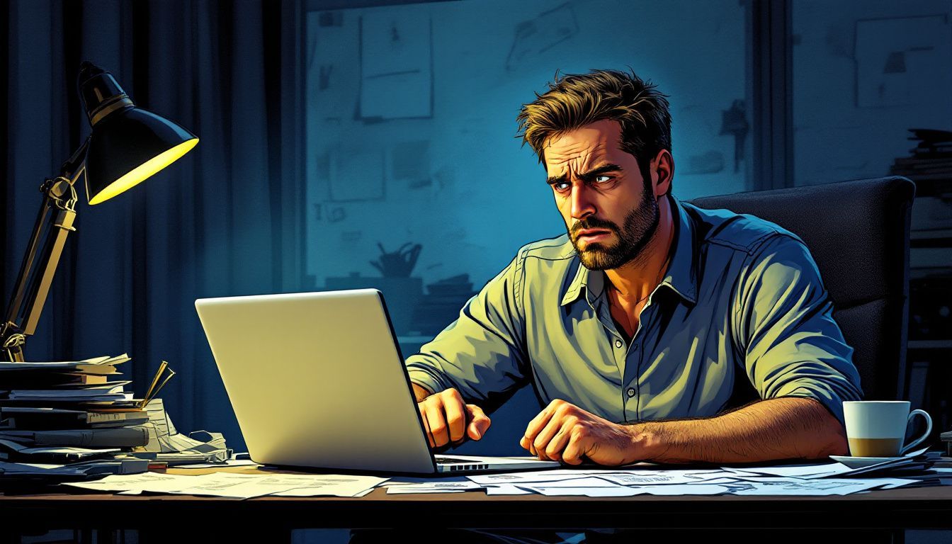 A frustrated man at a cluttered desk struggles with slow laptop. A frustrated man at a cluttered desk struggles with slow laptop.